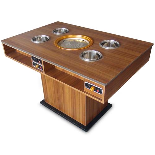 自助無（wú）煙烤肉火鍋一體（tǐ）桌_韓式（shì）烤涮一體實木火鍋