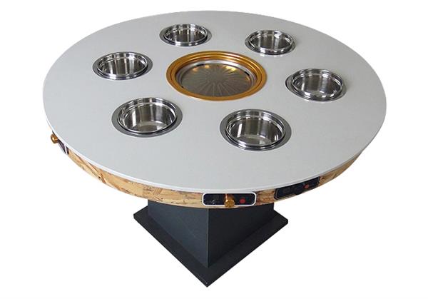 圓形6人（rén）位小火鍋桌_火鍋燒（shāo）烤涮一體無煙大理石餐桌