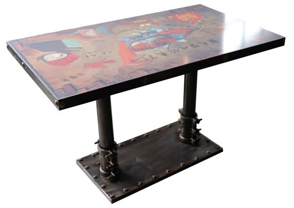 工業風實木餐(cān)桌麵(miàn)五金鐵藝包邊_古銅金色餐(cān)桌腳底座_西餐廳餐桌