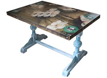 工業風桌麵（miàn）花（huā）紋貼片銅釘包邊（biān）餐桌藍色實木球（qiú）形