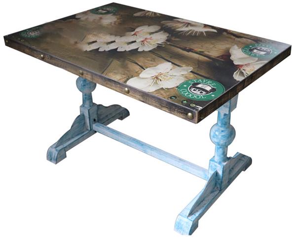 工業風（fēng）桌麵（miàn）花紋（wén）貼片銅釘（dìng）包邊餐桌藍色實木球形餐桌腳西餐桌