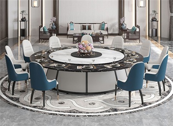 酒樓包間新中式大理石（shí）帶（dài）轉盤（pán）電動旋轉餐桌