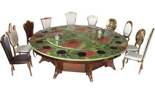 16人位圓（yuán）形大理石電磁爐火鍋桌_鍍銅拉絲不鏽鋼餐（cān）腳電（diàn）動餐桌