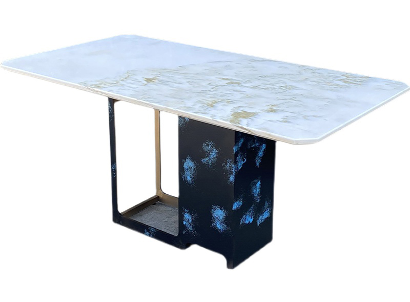 綠茶（chá）餐廳簡約新中式現代大理石鐵藝長方形餐桌